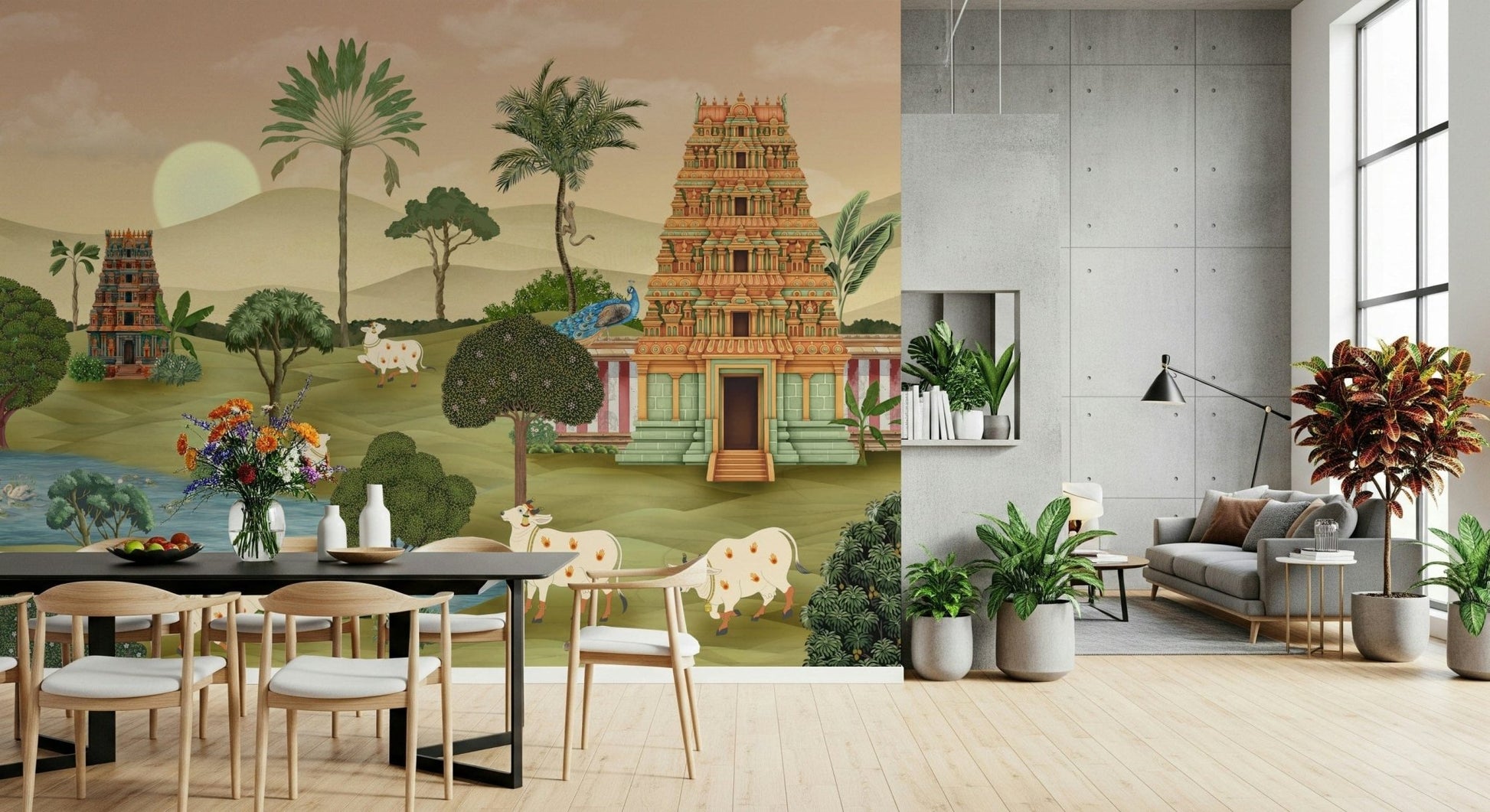 Madhuban Moonlight wall mural in bedroom setting with warm lighting