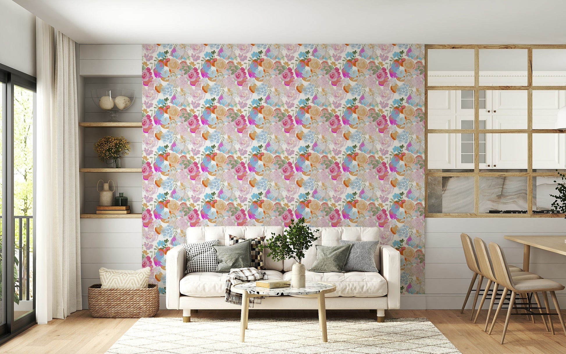 Spring floral wallpaper in magenta and pink tones with rich, oil-painted texture.