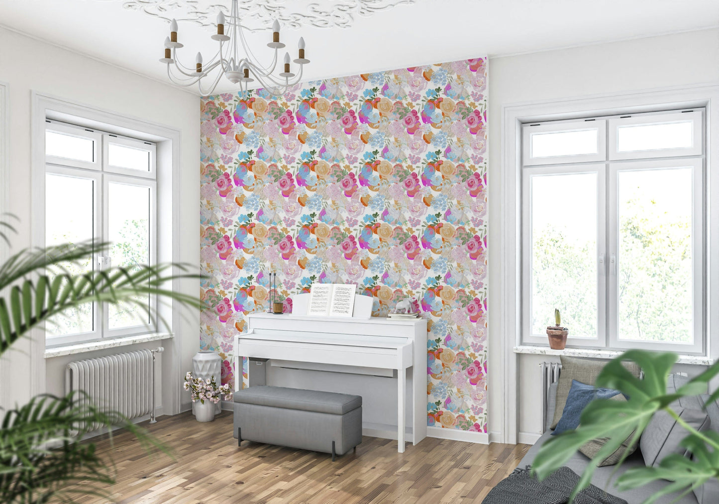 Artistic oil-painted wallpaper with magenta blooms and spring-inspired floral patterns.