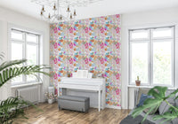 Artistic oil-painted wallpaper with magenta blooms and spring-inspired floral patterns.