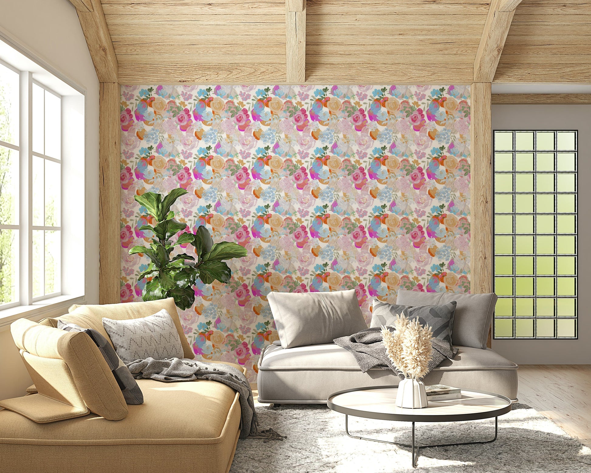Magenta floral dream wallpaper with thick brushstroke details for a painterly wall effect.