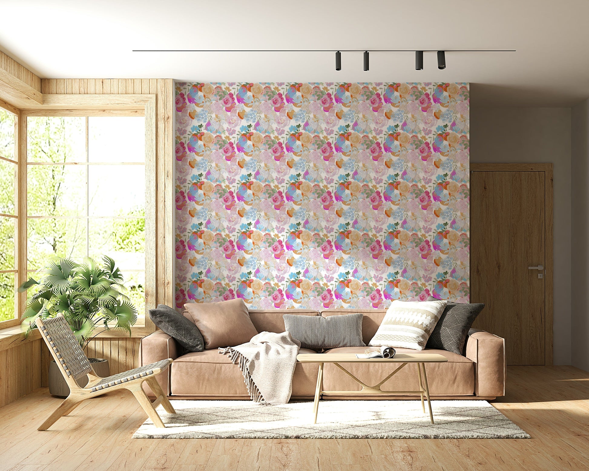 Spring-inspired floral wallpaper featuring bold magenta flowers in oil-painted texture.