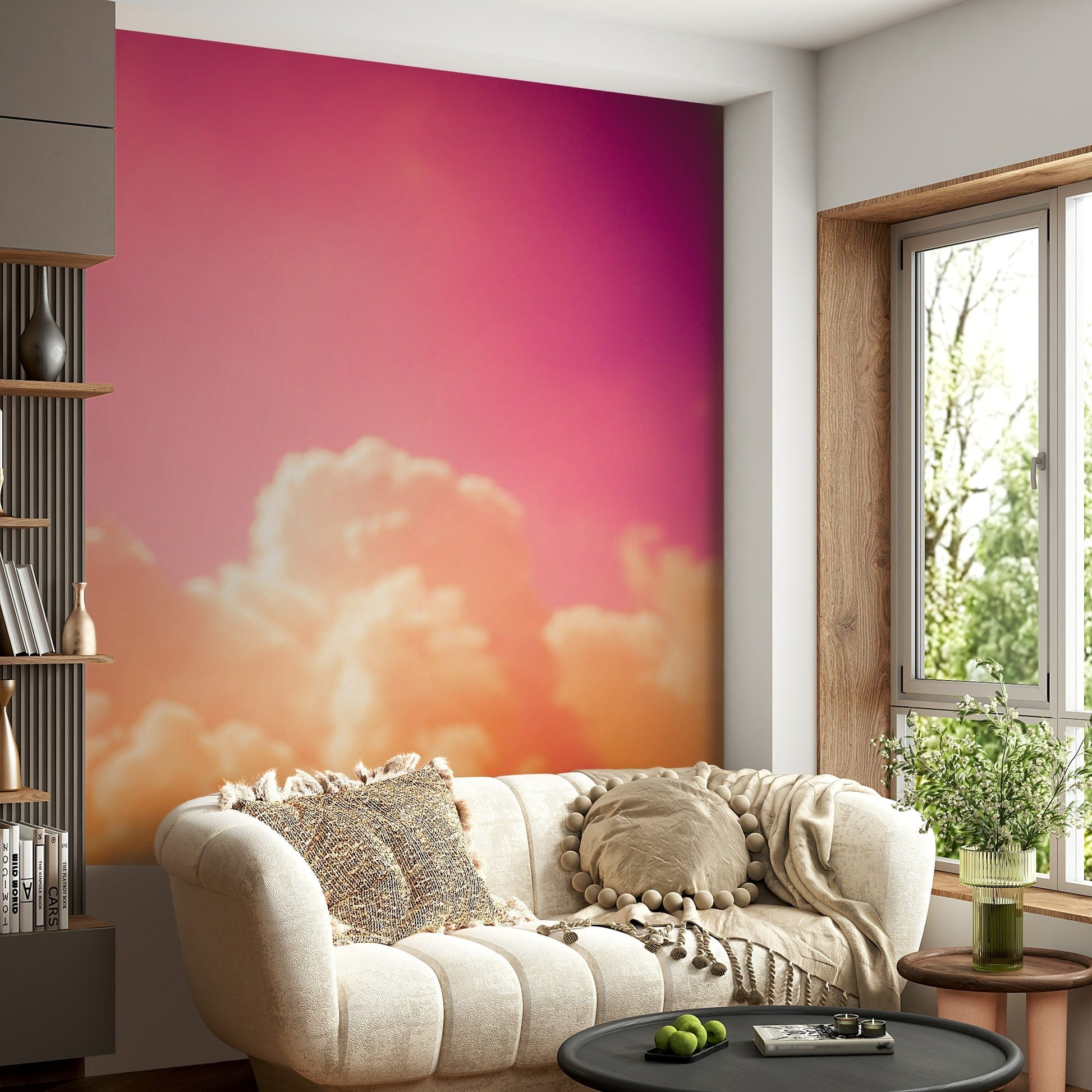 A peaceful open sky mural on decorative wallpaper.

