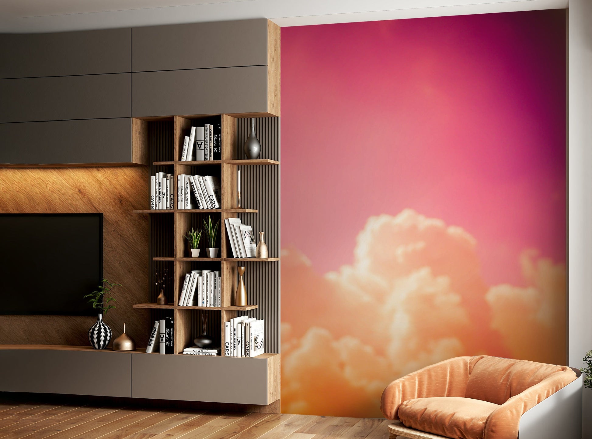 A graceful subtle cloud wall mural in bright blue tones.

