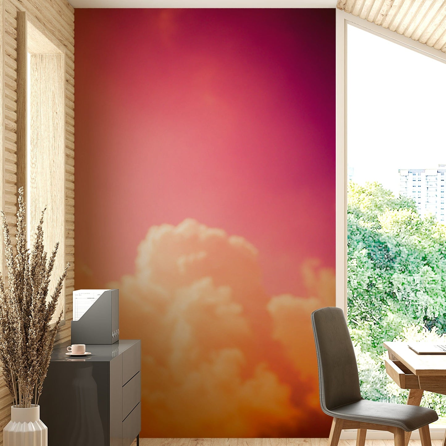An artistic dreamy sky mural on minimalist wallpaper.


