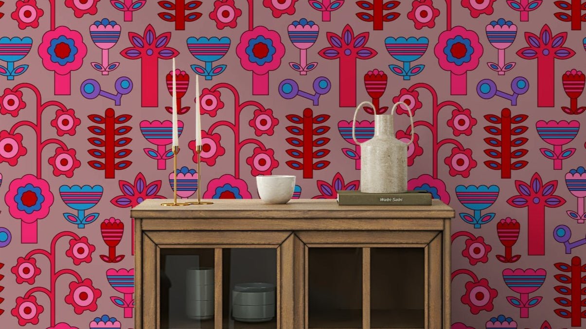 Features stylized flowers with geometric accents.
