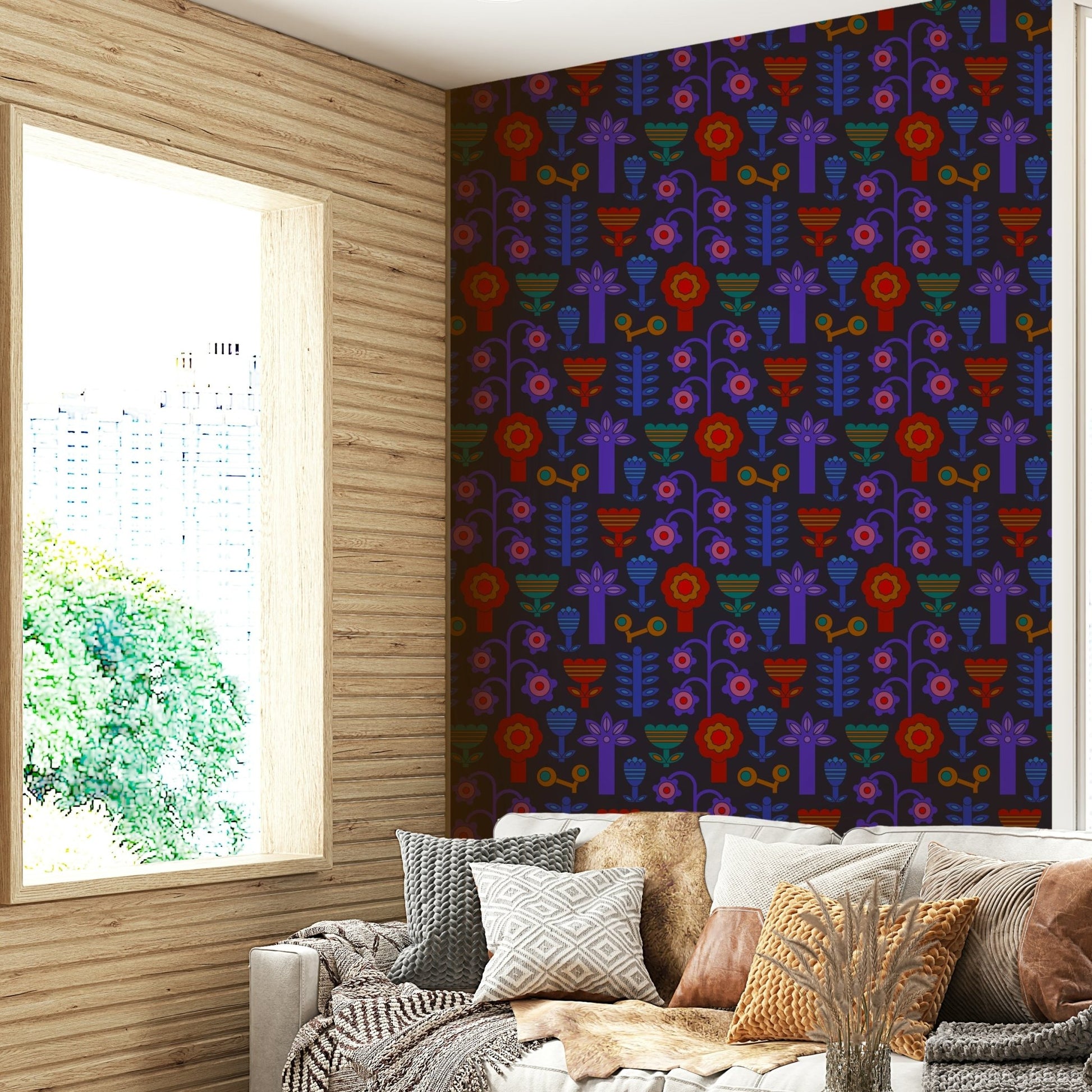 Features stylized flowers with geometric accents.
