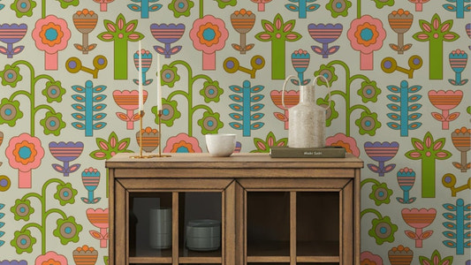 The color palette is warm pastels, including creams and soft hues.
