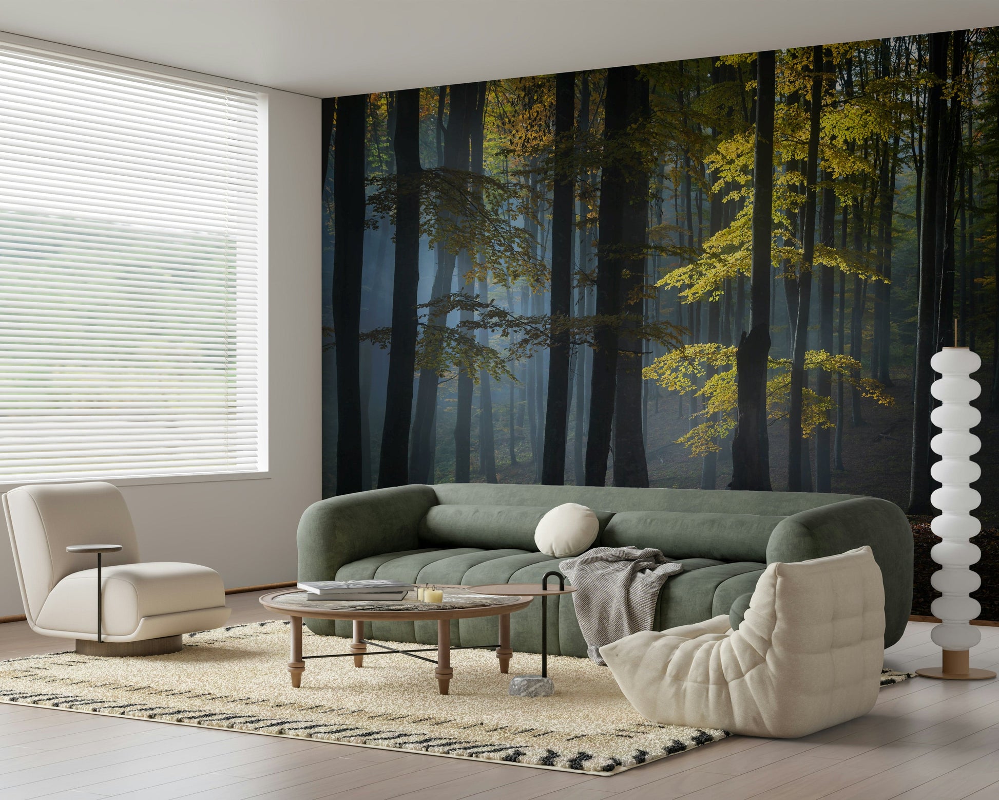 Moody dark tree trunks frame Glimmering Forest Woodland accent wall.