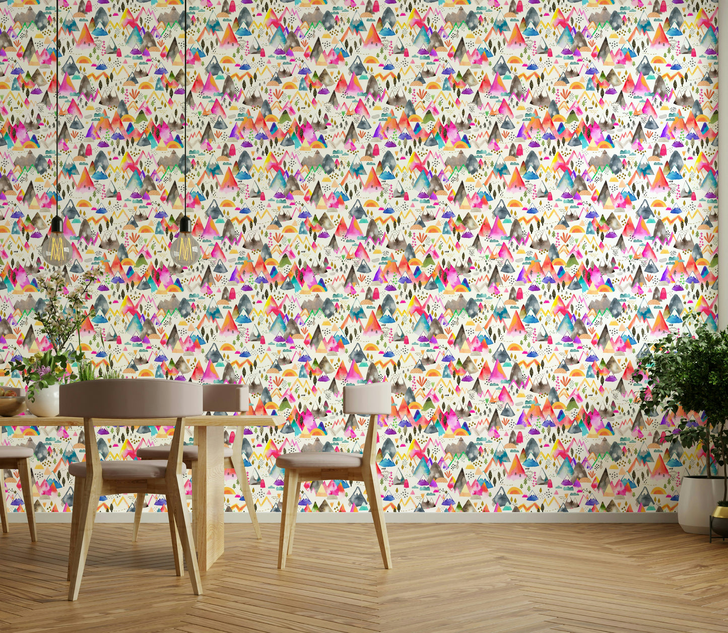 Whimsical kids wall mural with mountain landscape

