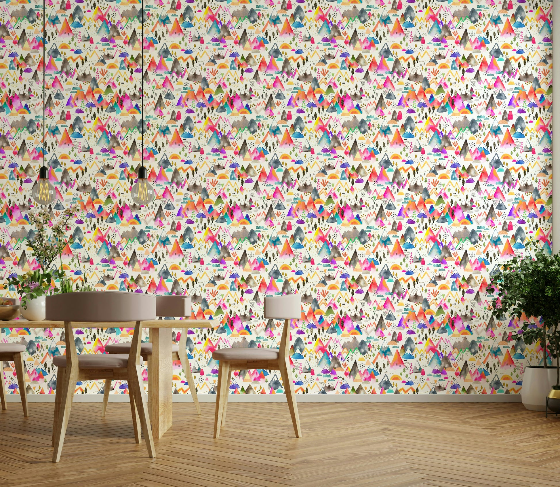 Whimsical kids wall mural with mountain landscape

