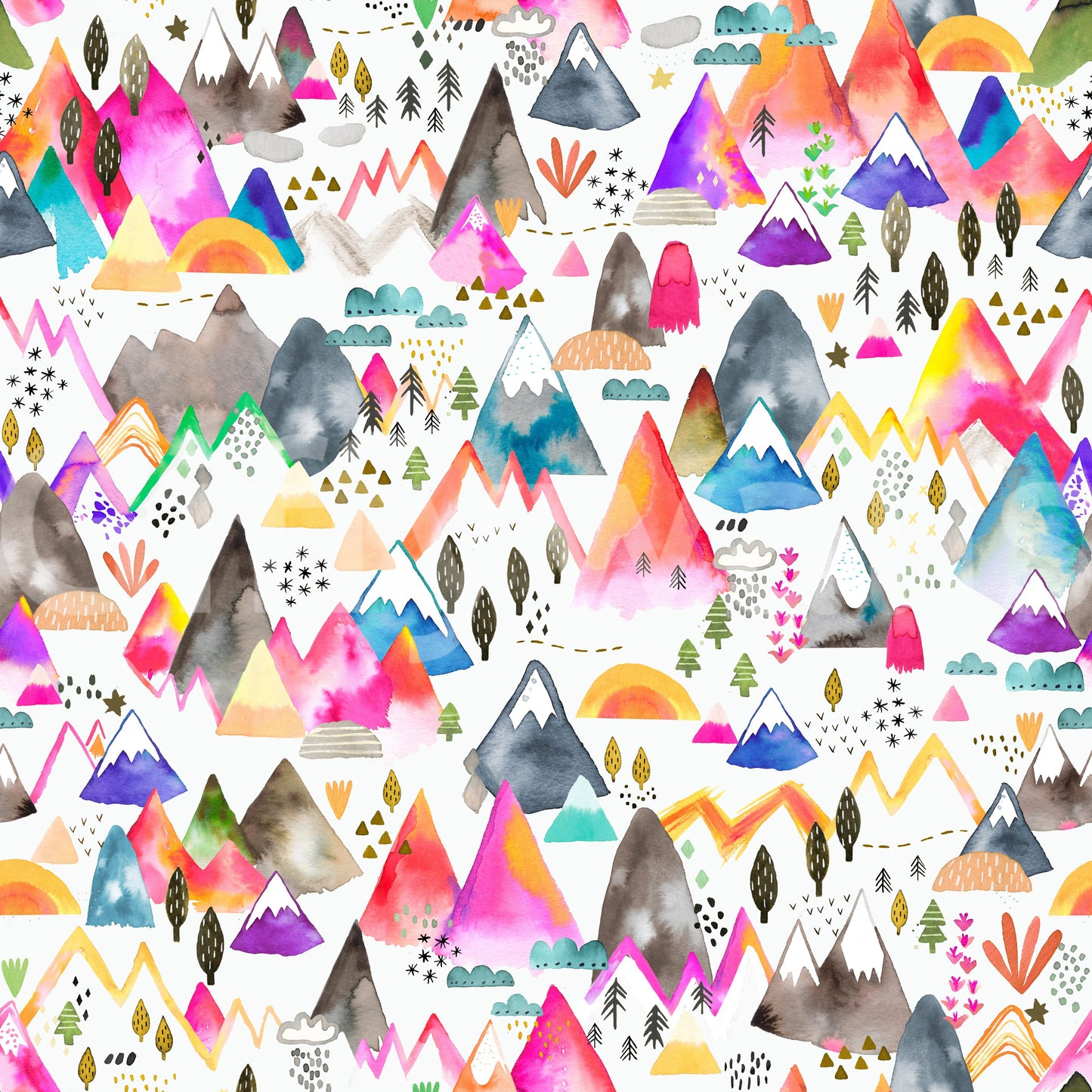 Kids Mountains Magical Nature wallpaper close-up showing colorful watercolor peaks and tiny pine trees in pink and purple