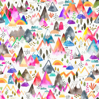 Kids Mountains Magical Nature wallpaper close-up showing colorful watercolor peaks and tiny pine trees in pink and purple