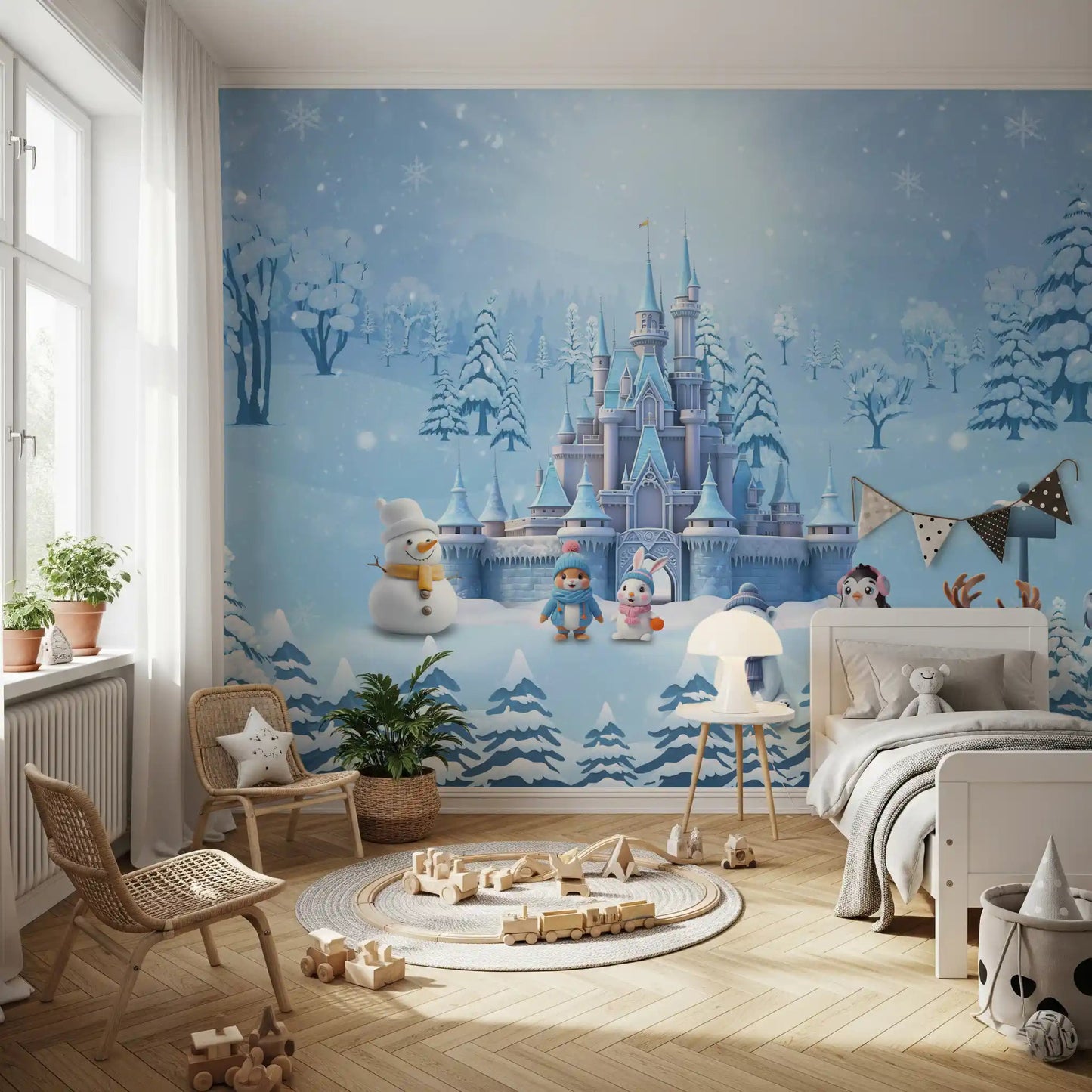 Magical Winter Wonderland wall mural brightening a cheerful playroom corner