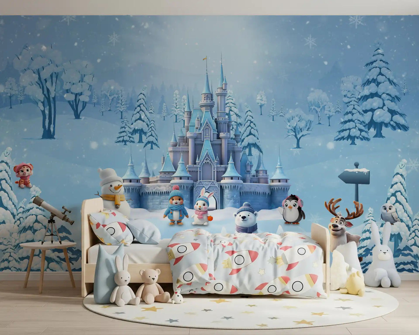 Magical Winter Wonderland wall mural in a kids bedroom with snowy scene