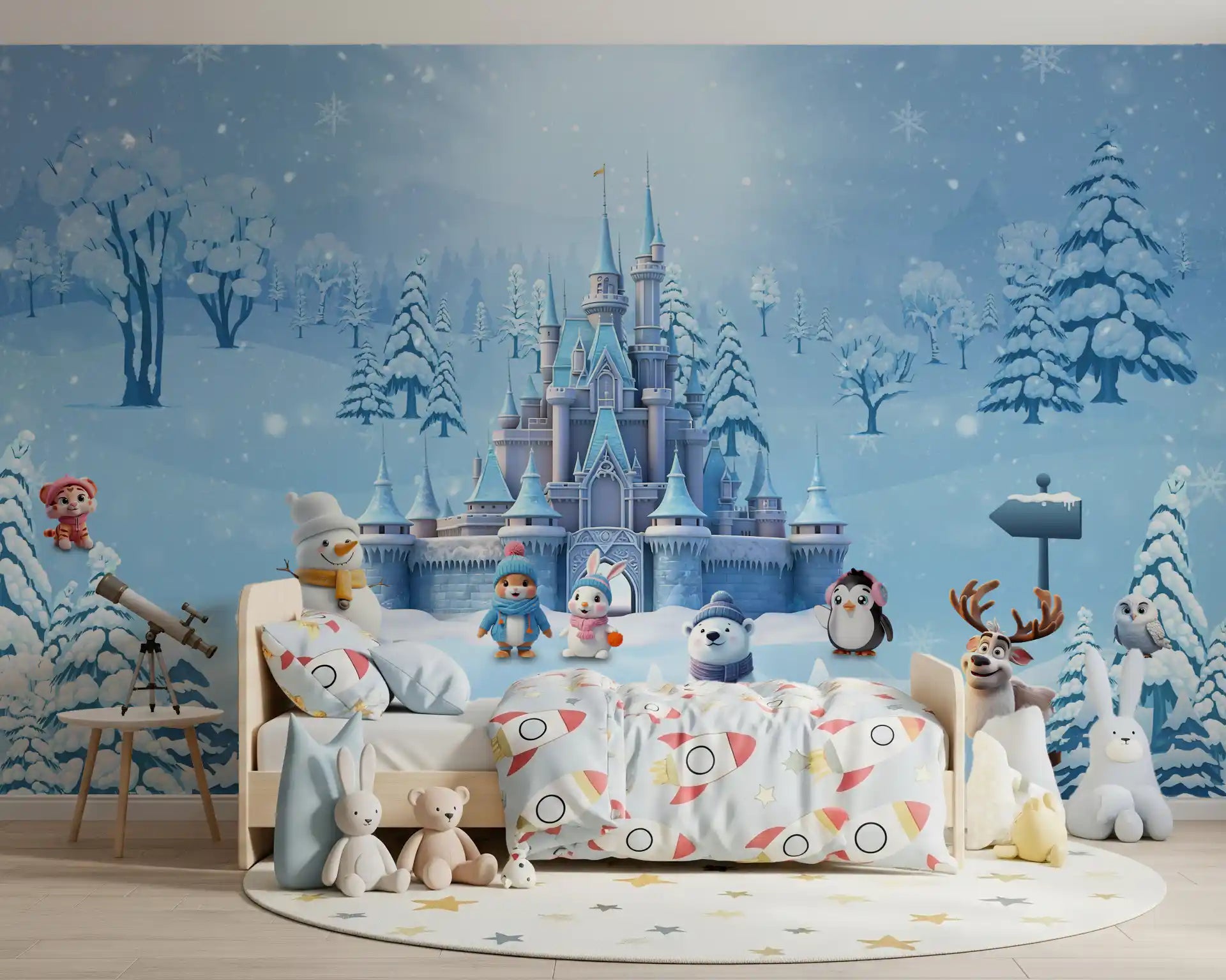 Magical Winter Wonderland wall mural in a kids bedroom with snowy scene
