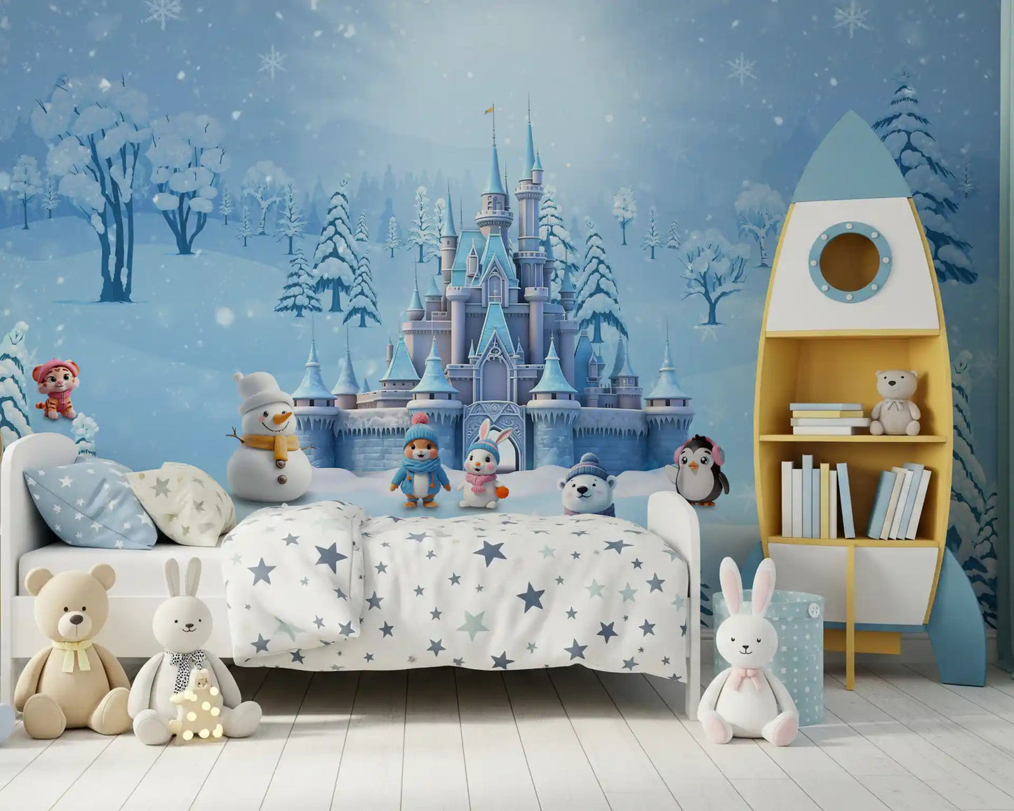 Magical winter wonderland wall mural in a cozy kids bedroom with snowy castle theme