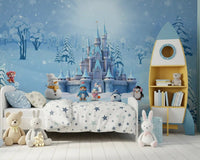 Magical winter wonderland wall mural in a cozy kids bedroom with snowy castle theme