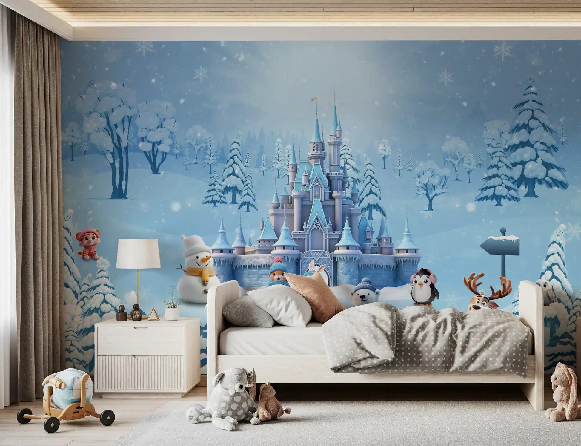 Winter wonderland wall mural in a toddler space with penguins and deer