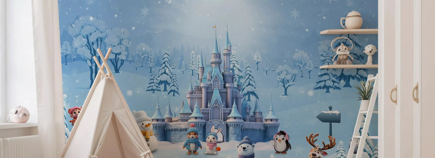 Snow forest wall mural in a baby room with castle and gentle blue tones