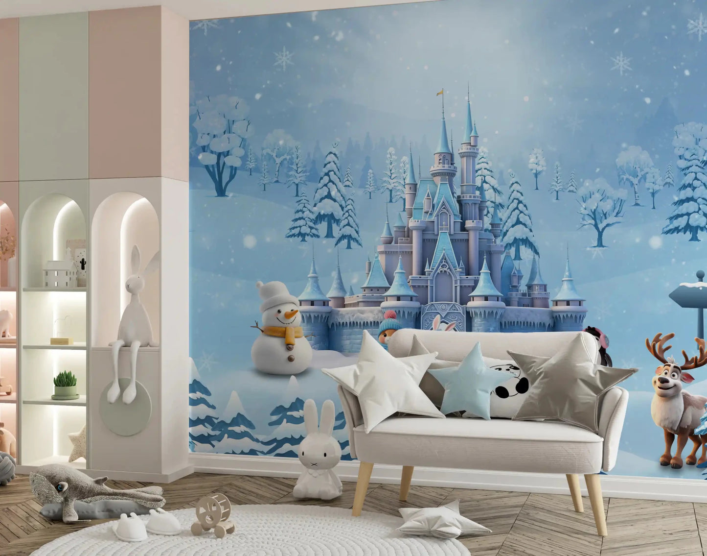 Winter castle wall mural bringing a playful touch to a kids study area