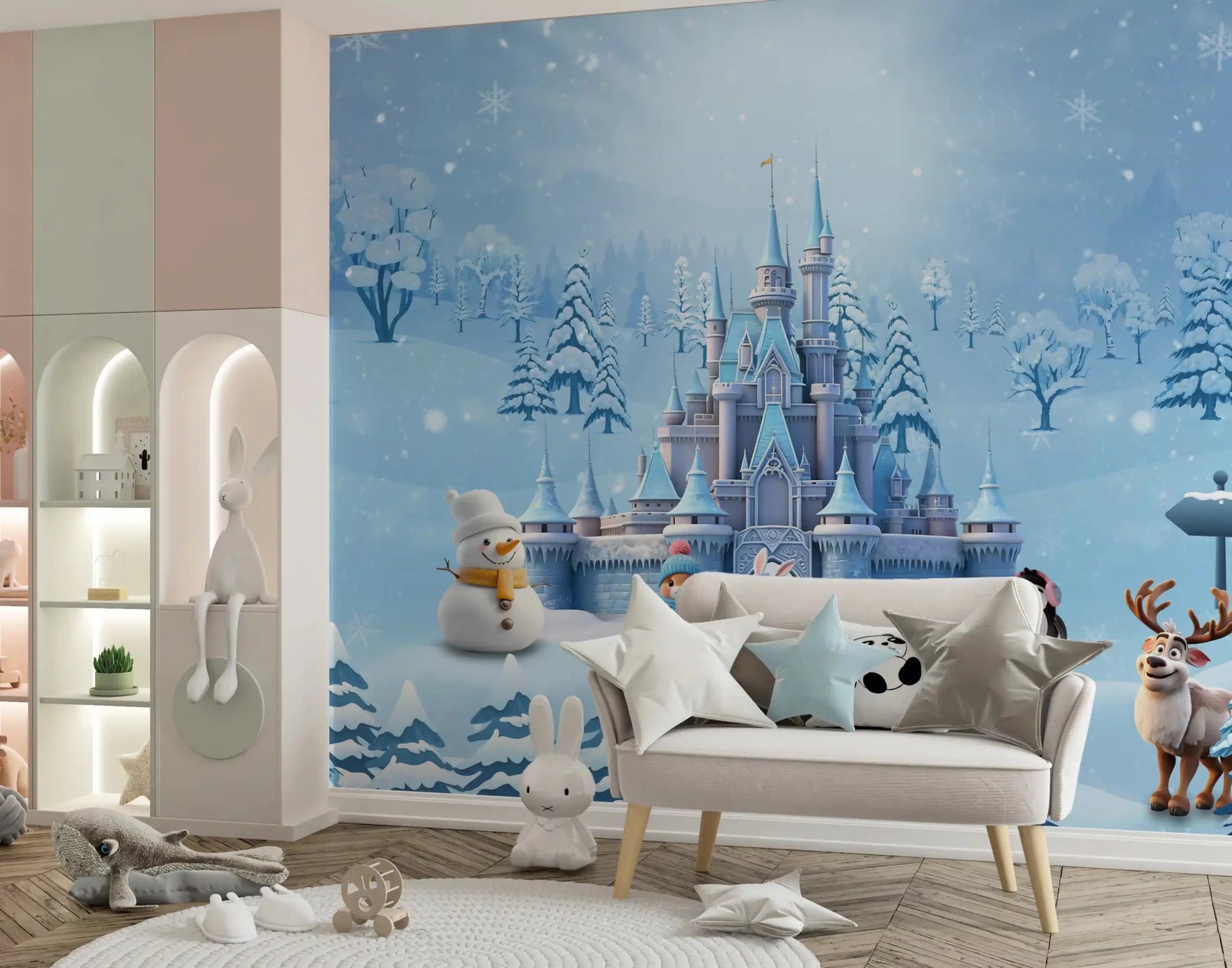 Winter castle wall mural bringing a playful touch to a kids study area