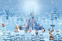 Magical winter wonderland wall mural with snowy castle, snowman, and forest animals