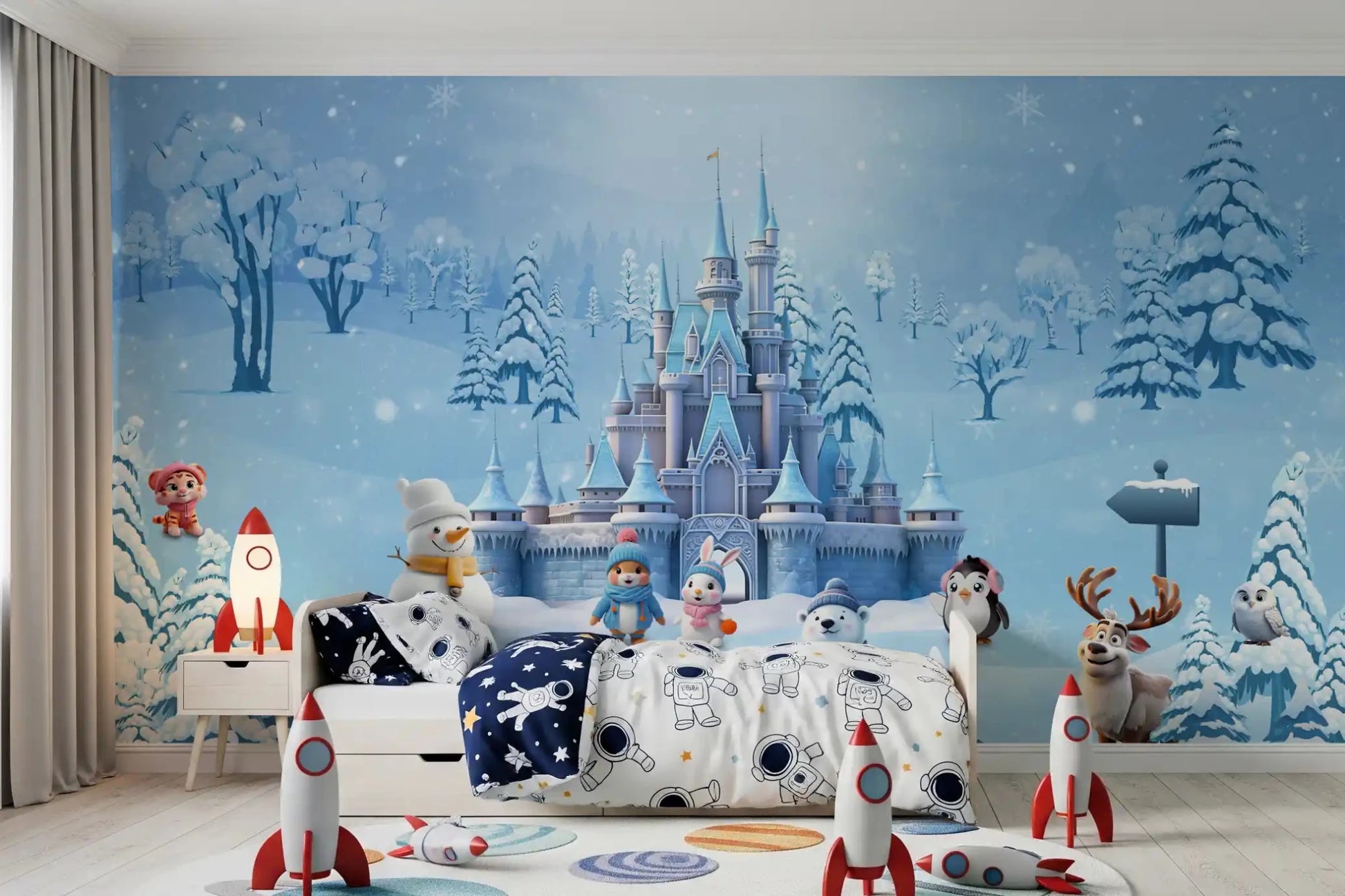 Snowy castle wall mural creating a storybook feel in a shared kids bedroom