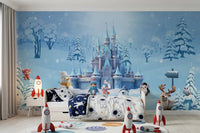 Snowy castle wall mural creating a storybook feel in a shared kids bedroom