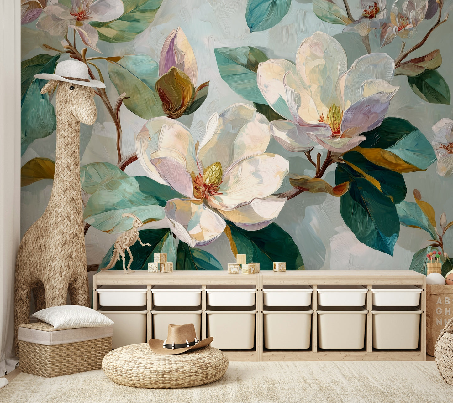 The wall art combines a botanical pattern with soft colors.

