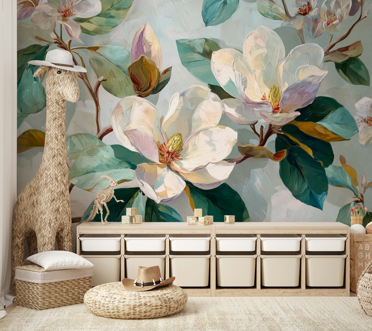 The wall art combines a botanical pattern with soft colors.

