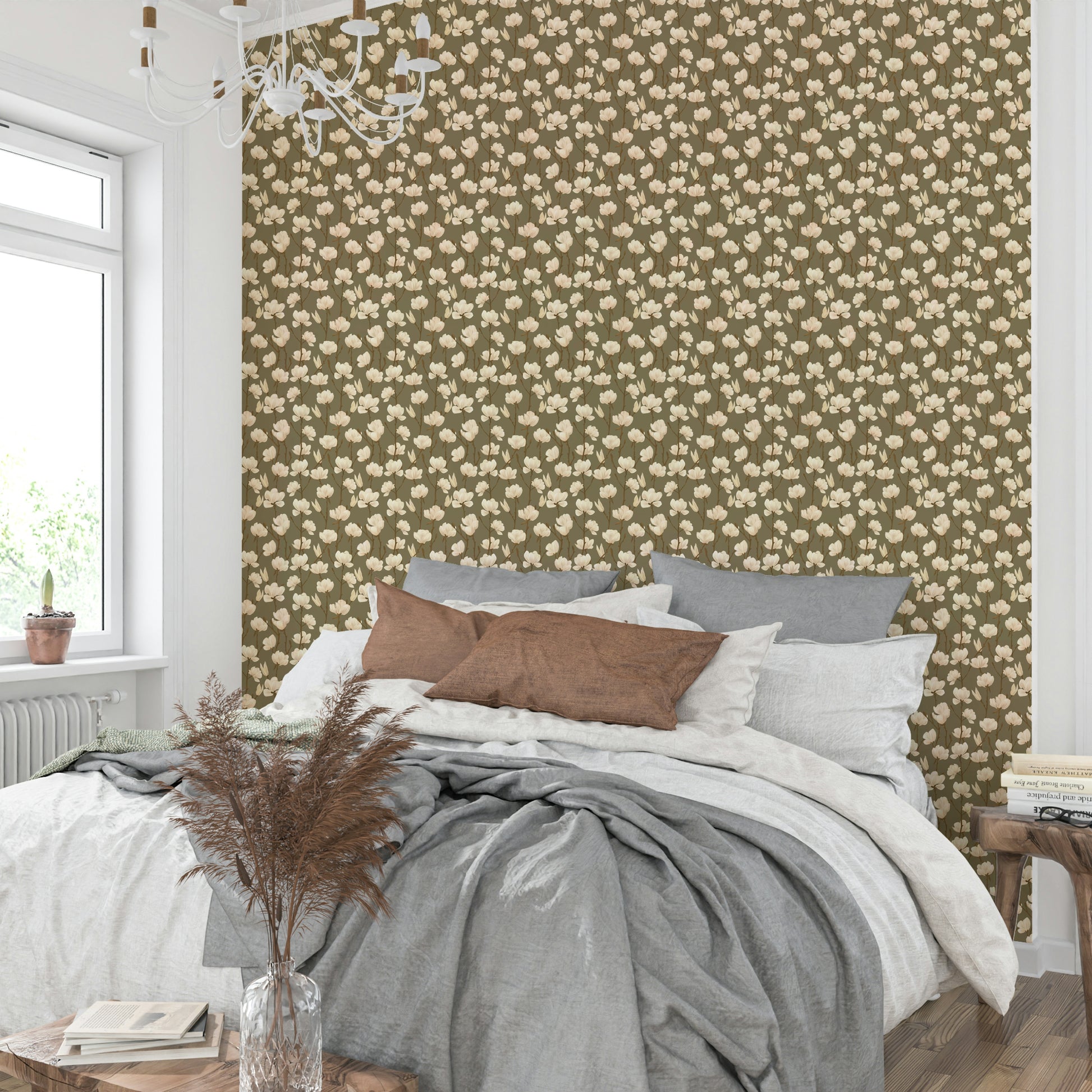 Botanical wall mural with earth haze and floral elements

