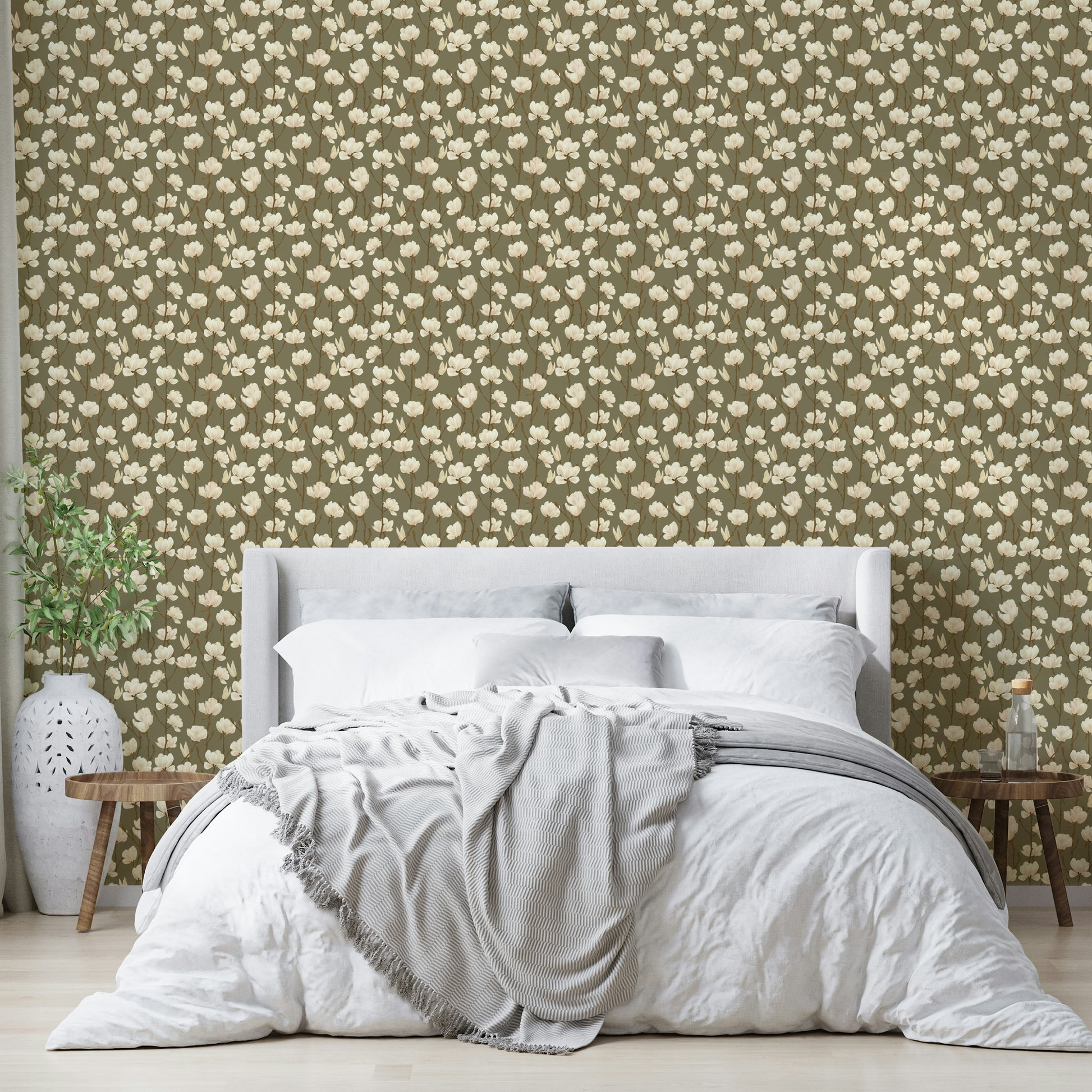 Soft magnolia bloom mural in earthy neutral tones

