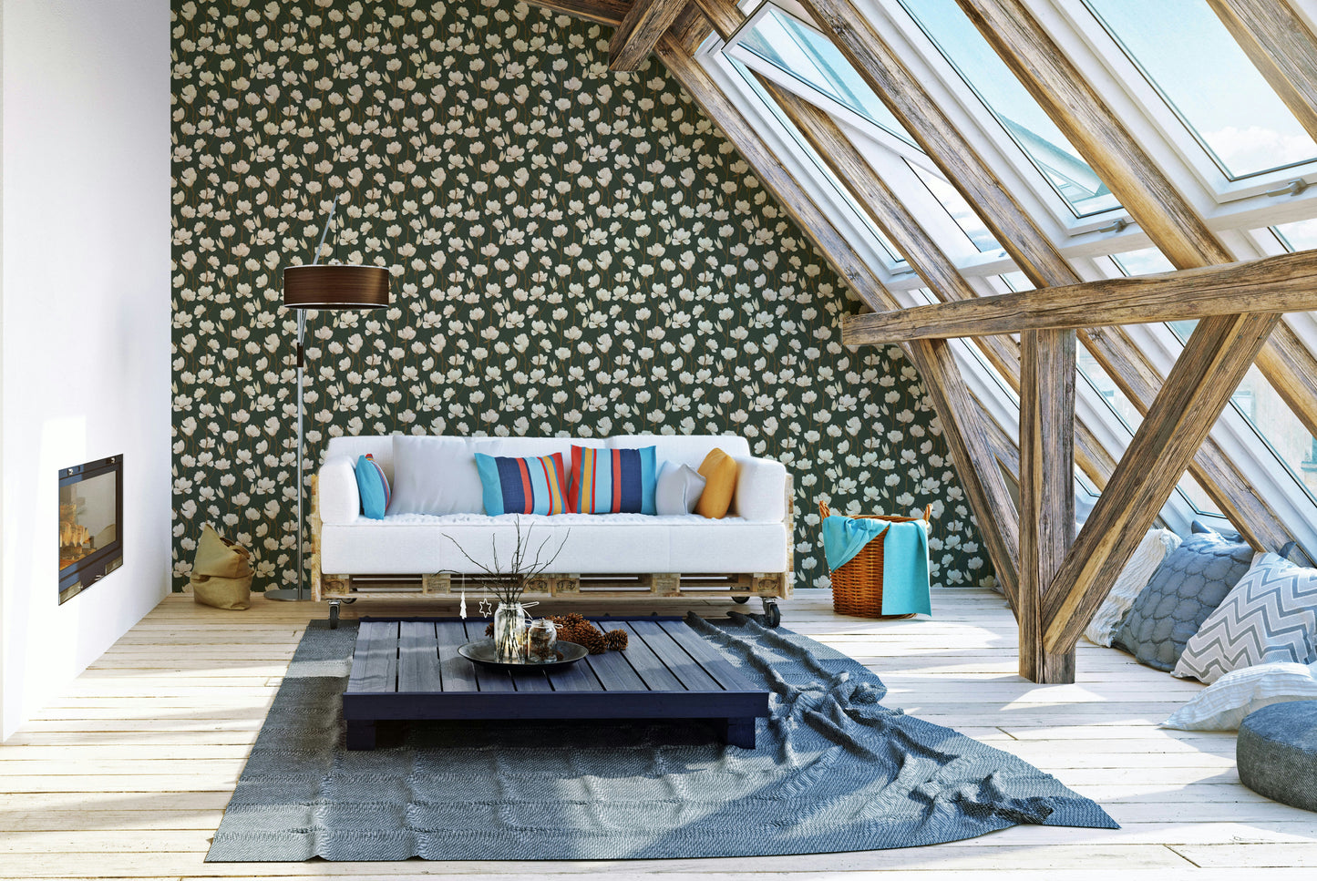 Peel and stick wallpaper with forest-inspired magnolia blooms

