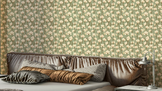 Earthy magnolia greens wallpaper with botanical pattern


