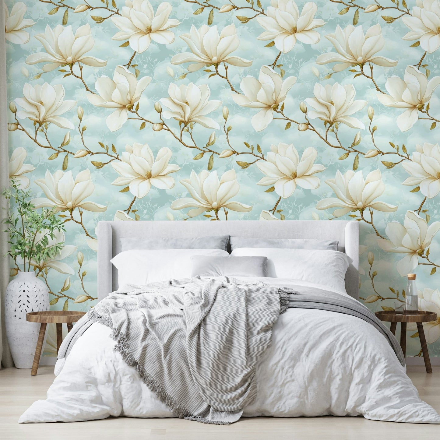 Magnolia Magic wallpaper mural with delicate blooms on a pastel backdrop.

