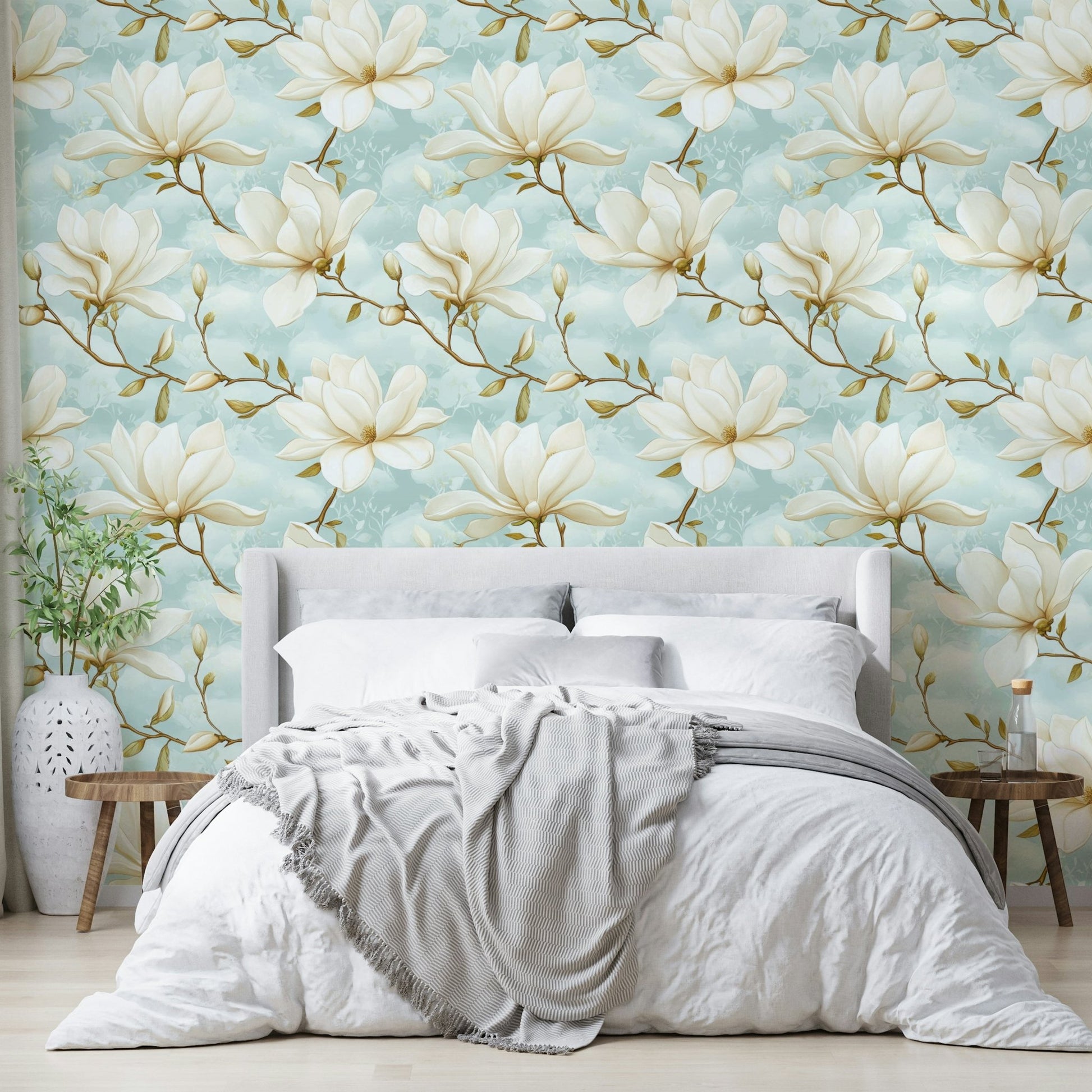 Magnolia Magic wallpaper mural with delicate blooms on a pastel backdrop.


