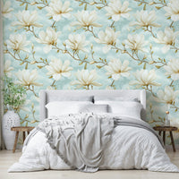 Magnolia Magic wallpaper mural with delicate blooms on a pastel backdrop.

