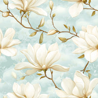 Soft-toned floral wallpaper mural with magnolia blossoms.

