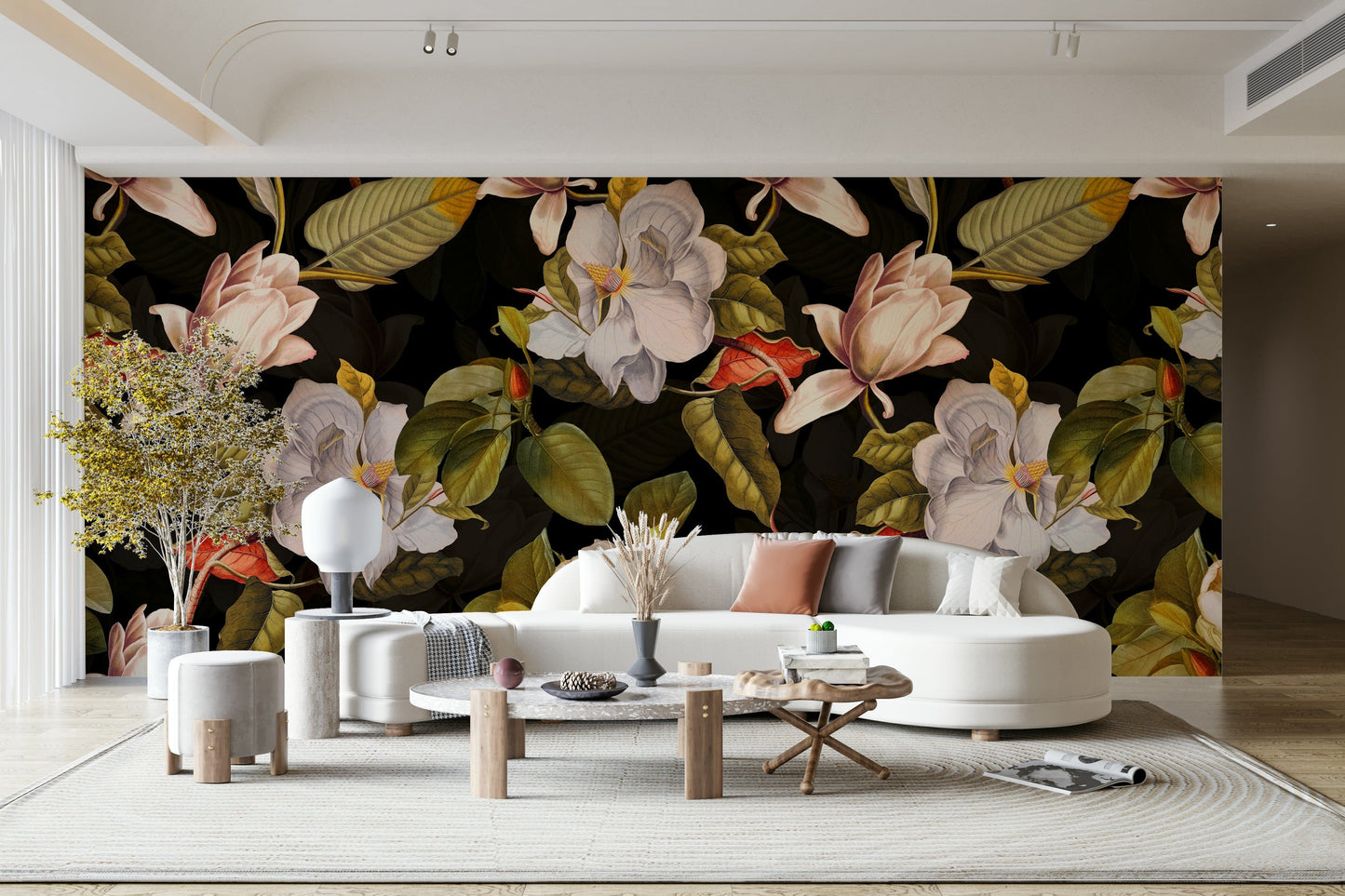A botanical wallpaper with dark flowers.