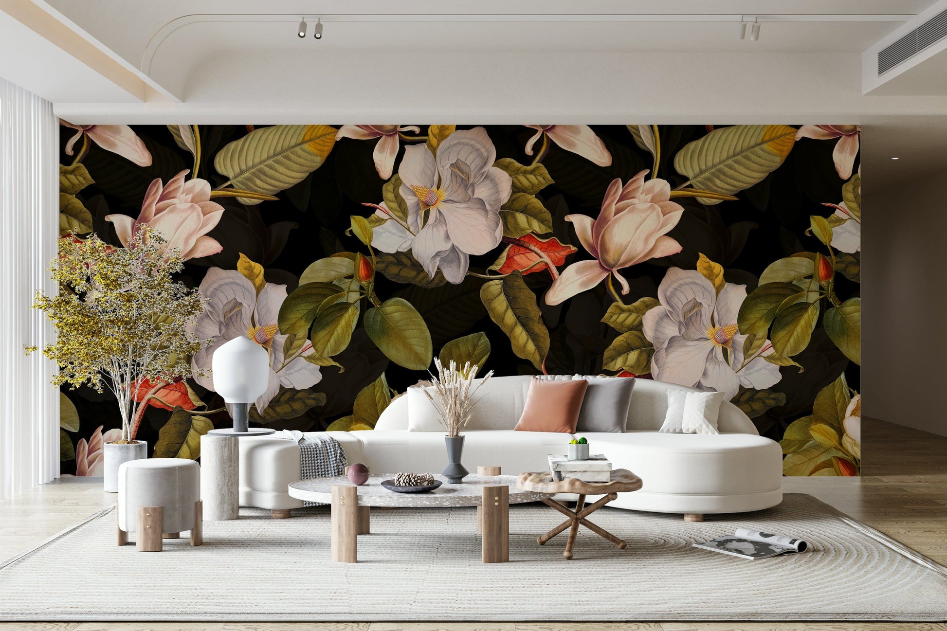 A botanical wallpaper with dark flowers.
