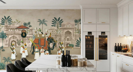 Maharaja's Elephant Parade wall mural brings cultural heritage to spacious Dining rooms.