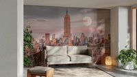 Empire State Building wall decor in a sunrise-toned living room