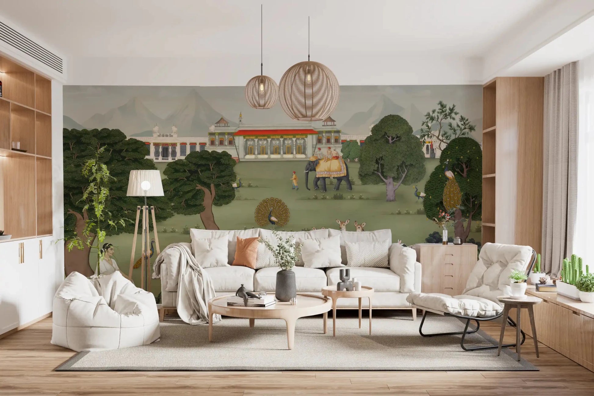 Majestic India Nature's Melody Wall Mural featuring peacocks and deer.