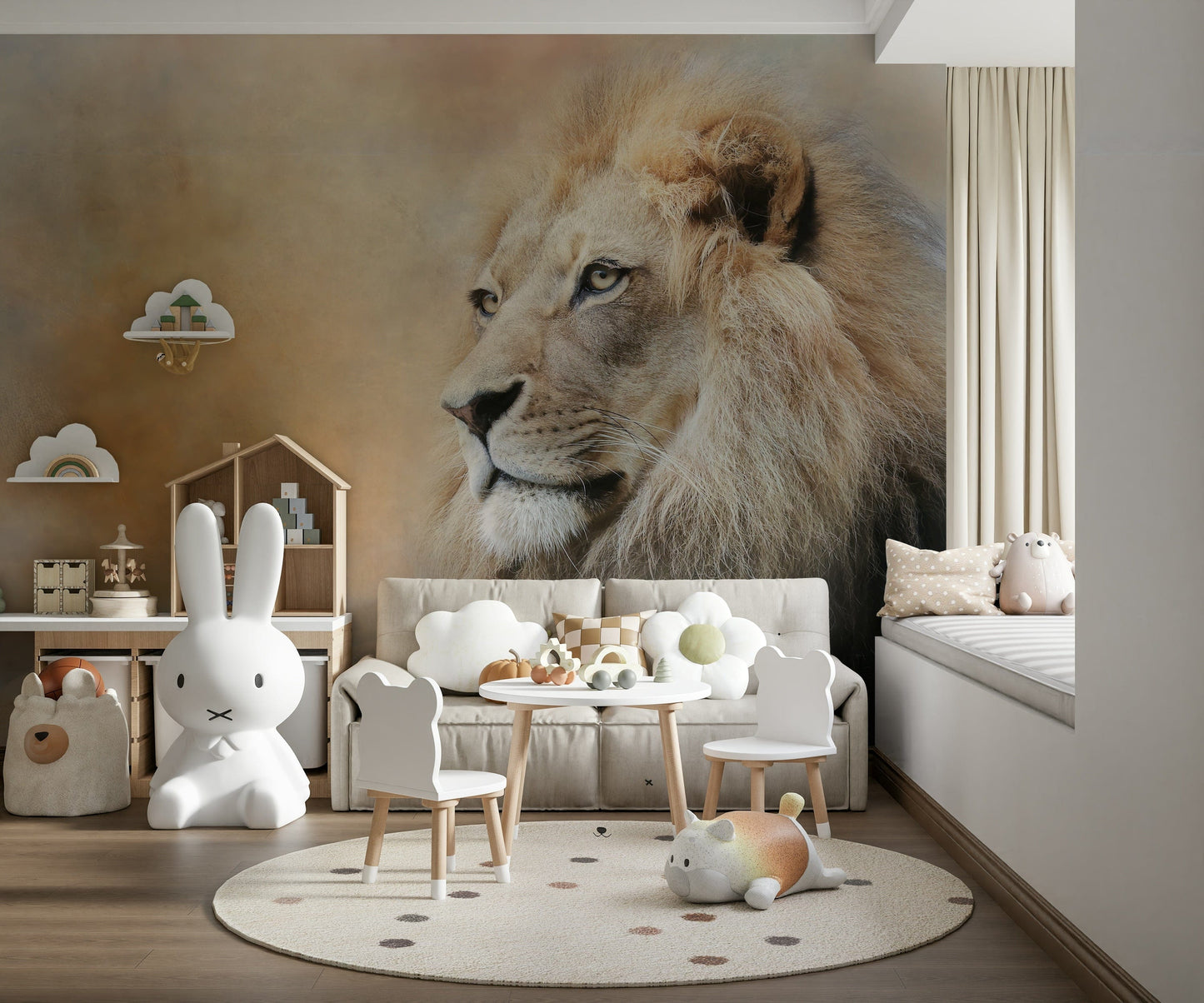 Lion Portrait Feature Wall Mural – Stunning lion mural showcasing fine details and depth, ideal for statement walls.