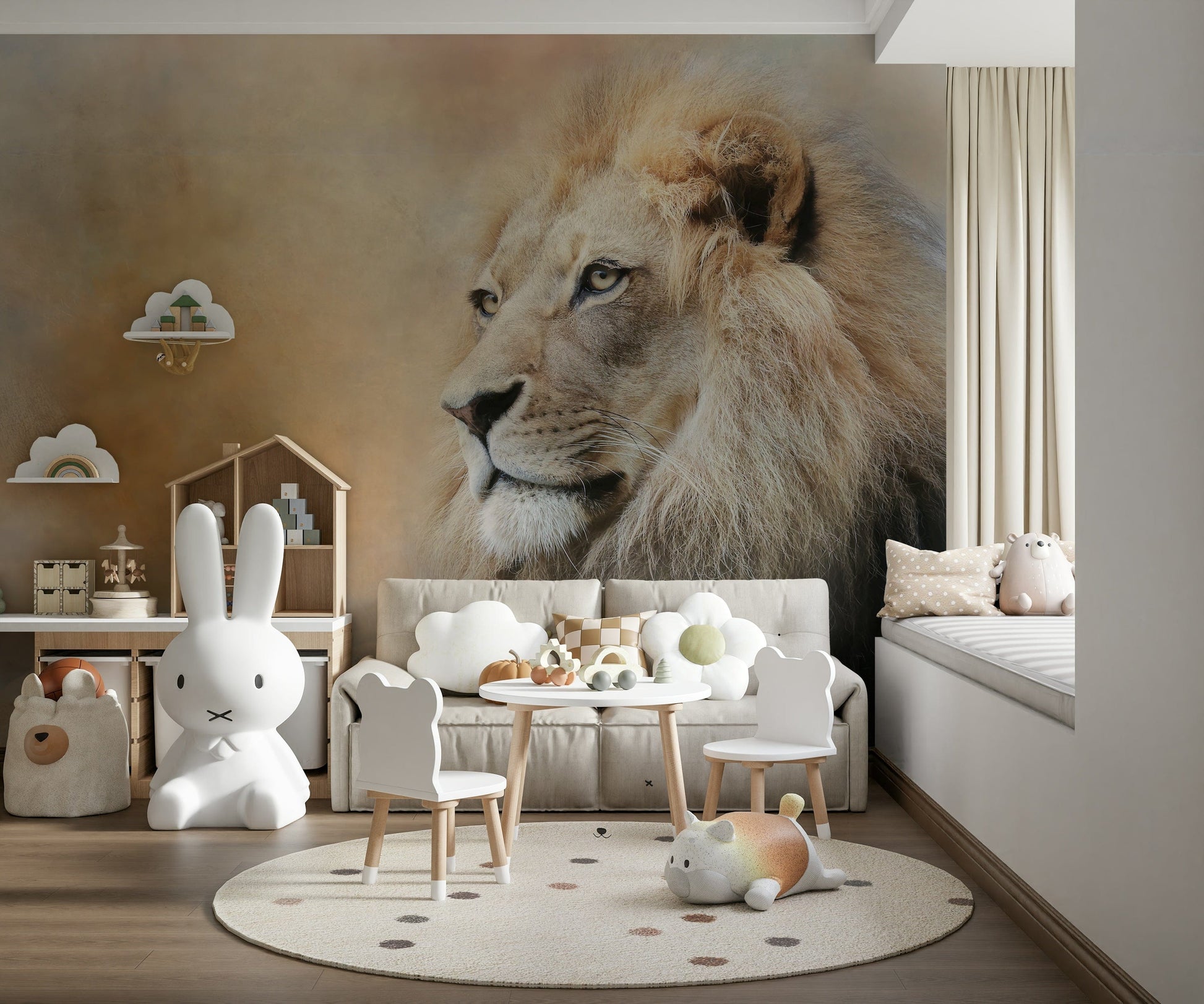 Lion Portrait Feature Wall Mural – Stunning lion mural showcasing fine details and depth, ideal for statement walls.