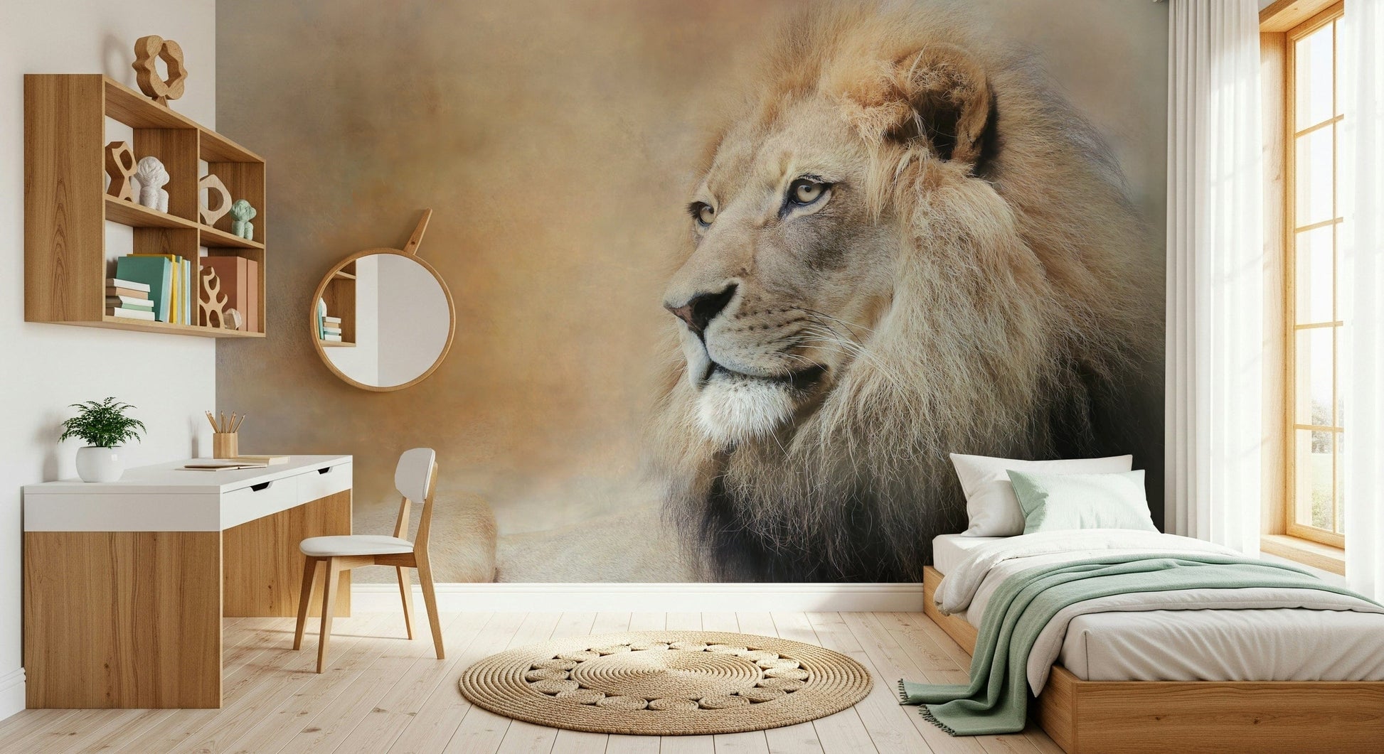 Safari Lion Wall Mural – Artistic lion portrait in warm natural tones, perfect for wildlife-inspired interiors.