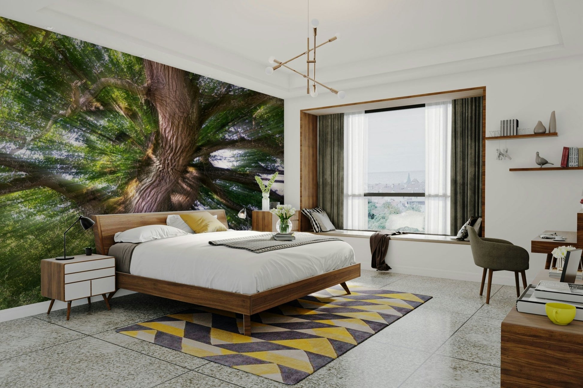 Tree in bright green forest mural
