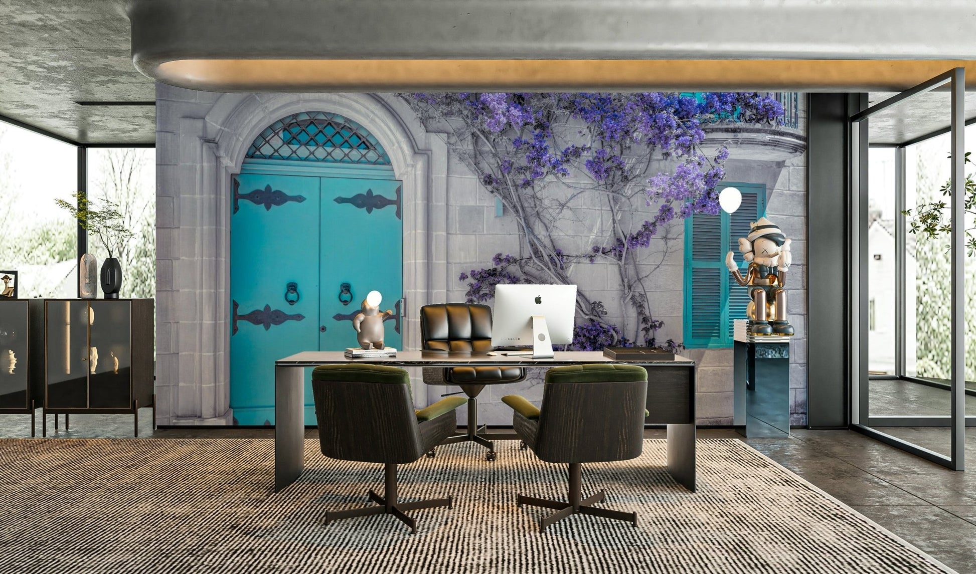 The wallpaper is perfect for a peaceful space.

