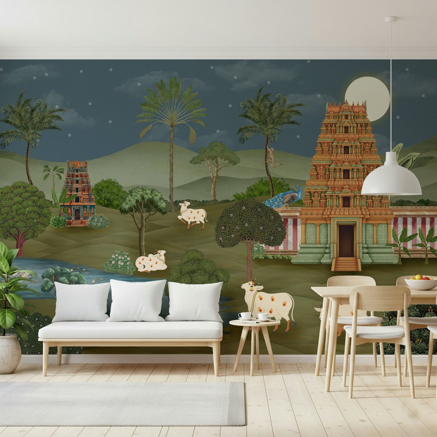 Mandir Majesty mural in warm tones on a feature wall